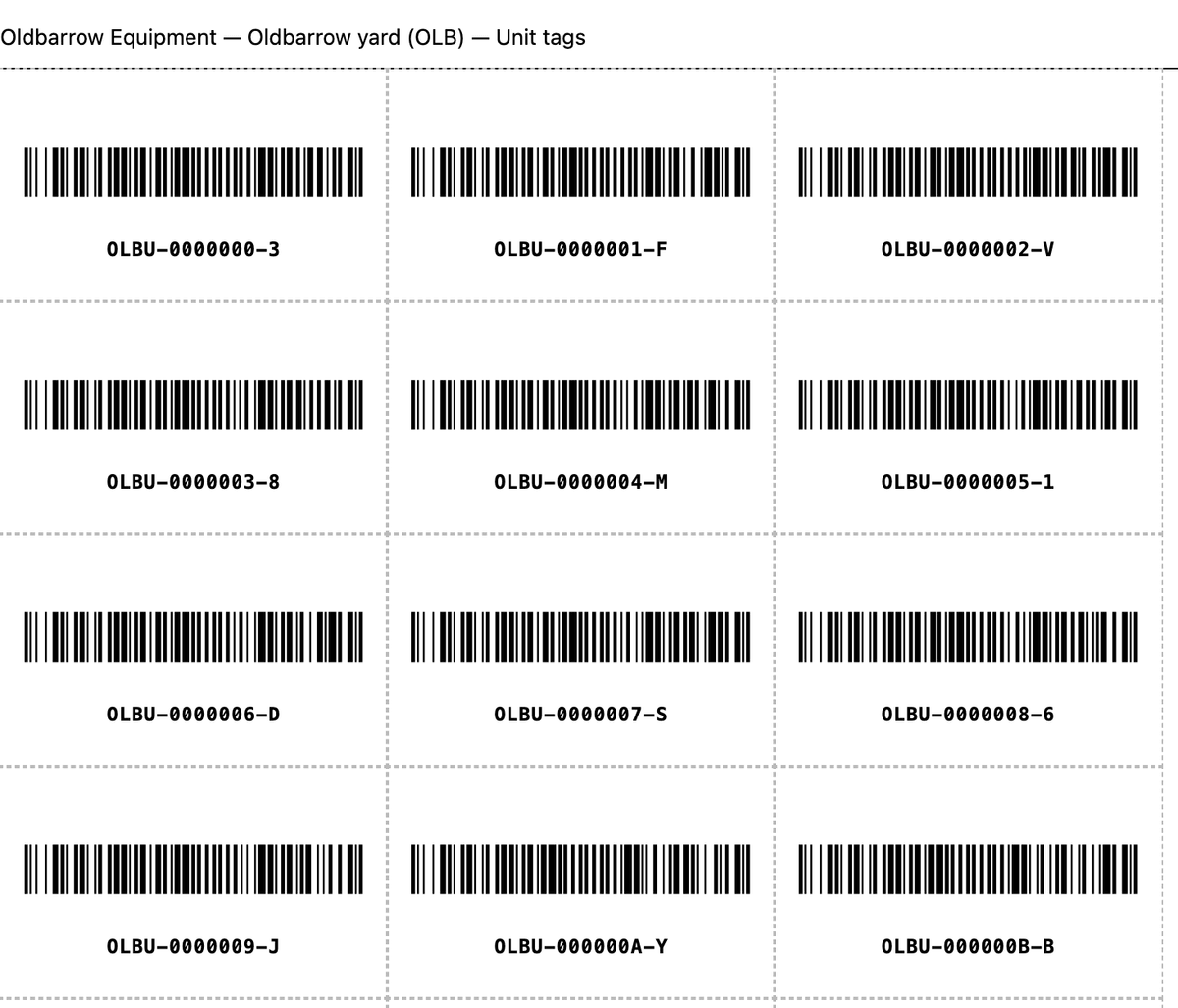 A printed sheet of Code 128 labels, each with its 14-character code.